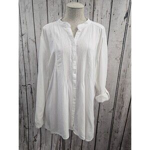 ALK Women's L Cynthia Rowley Linen Blend Tuxedo Tunic Length Blouse Shirt Top